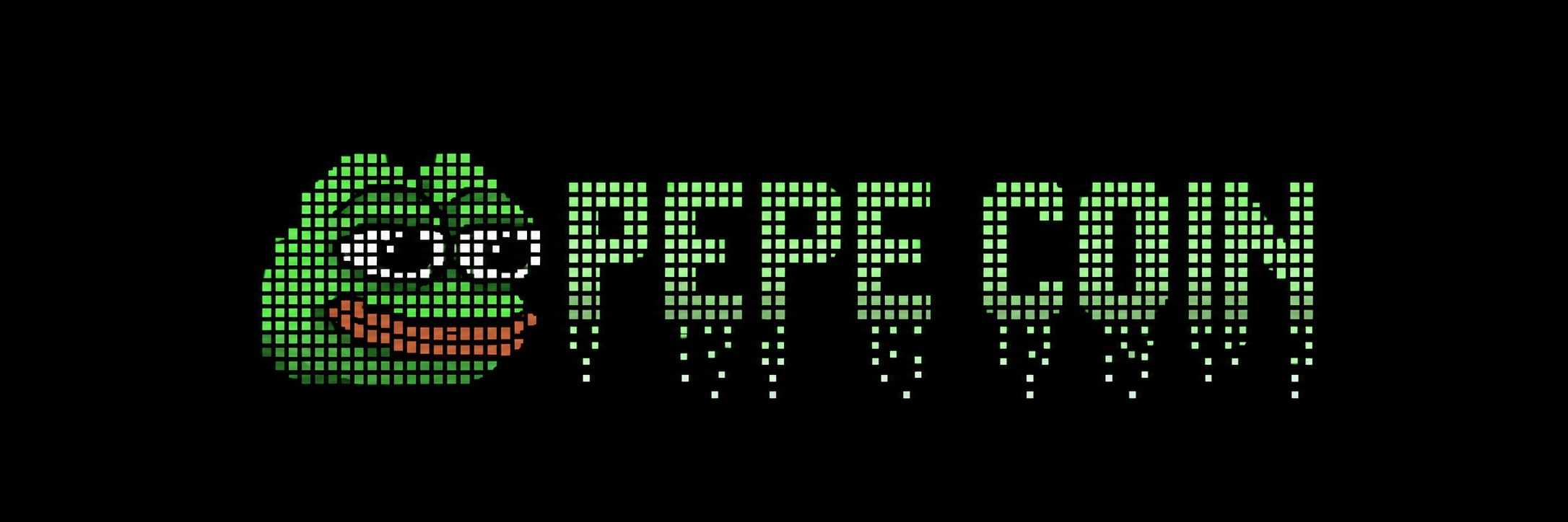 Pepe wearing sunglasses beside the green Pepe Coin wordmark on a black background